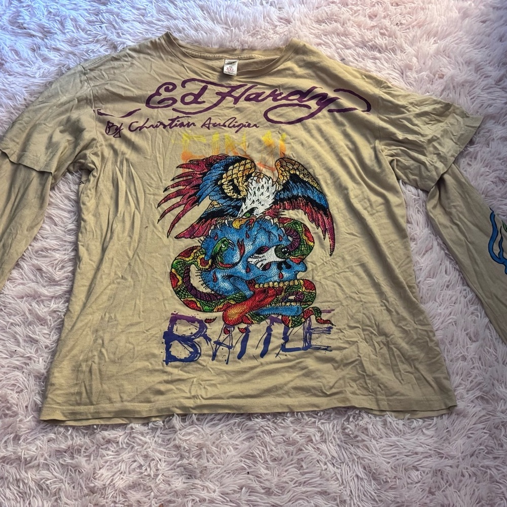 Ed Hardy Beige Graphic Long Sleeve Shirt
